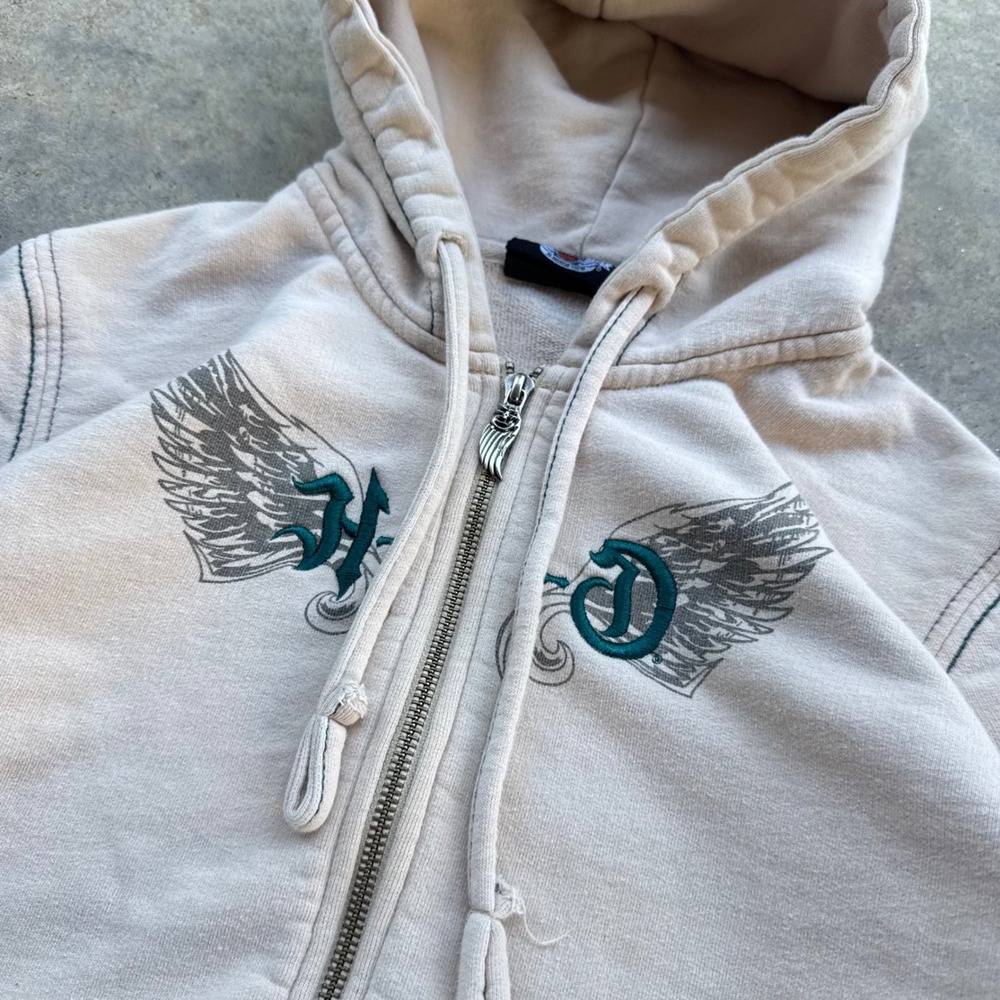 Vintage Y2K Harley Davidson Zip Up Hoodie Baddie Tramp Stamp Cream Large j3